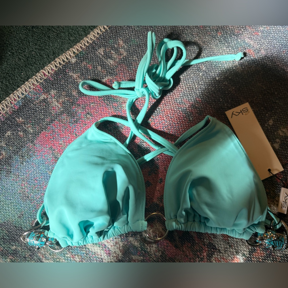 Sky‎ Turquoise Bikini Top with Silver and Turquoise Tiger Accents Size Medium